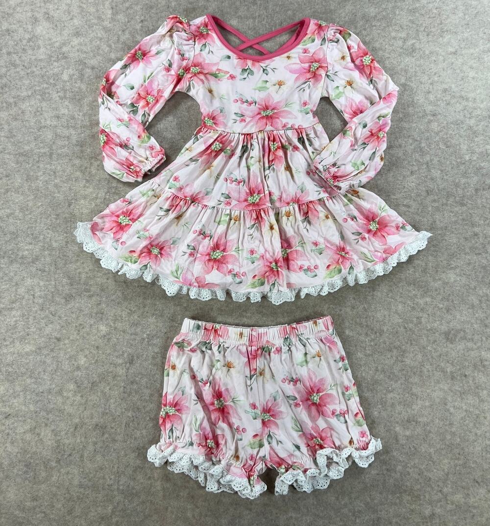 Three by the Sea Clothing Pink Poinsettia Bamboo Dress with Bloomers Girls 4T